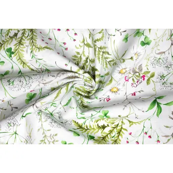 Bavlna režná luční kvítí s kapradím na bílé