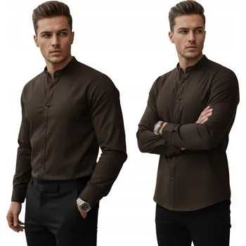Elegantní pánská košile se stojáčkem slim fit, hnědá DX2678 - 3XL