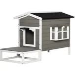 PawHut kočičí domek Kočičí domek s terasou a balkonem pro psy a kočky, jedlové dřevo, šedá a bílá, 115 x 66,5 x 74,7 cm | Aosom.de