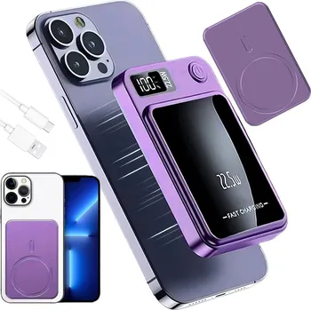 Powerbanka MAGNETICKÁ POWERBANKA 10000 MAH BEZDRÁTOVÉ NABÍJENÍ S KABELEM FIALOVÁ