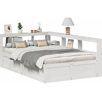 Postel vidaXL Postel s knihovnou bez matrace 135x190 cm masivní borovice [3324476] Barva: Bílá