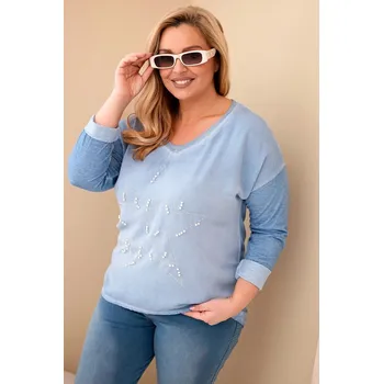 Dámská halenka Dámská blůza Plus Size s nápisem a perličkami v modré barvě jeansová UNI