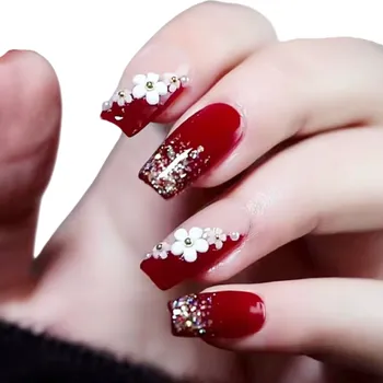 Umělé nehty Květinové 24 ks akrylové nehty Coffin tvar Střední délka Nalepovací umělé nehty na ruce s třpytivými květy kompletní tipy sada