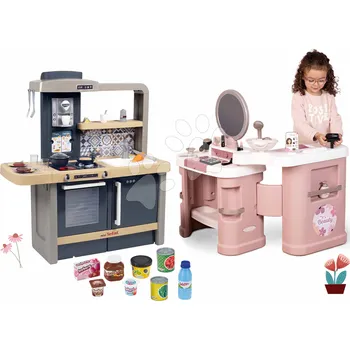 Dětská kuchyňka Set kosmetický stolek a kuchyňka se zvukem My Beauty Center 3v1 Smoby s potravinami a elektronický fén