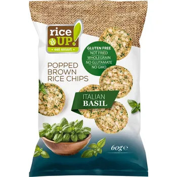 Chips RiceUP! Bezlepkové celozrnné rýžové chipsy z hnědé rýže s italskou bazalkou (60g)