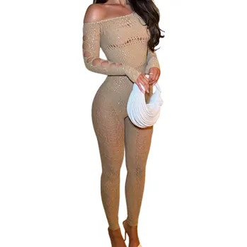 Dámský overall Dámský overal univerzální velikost Poloprůhledný model s kamínky Výstřih do O Dlouhý rukáv a dlouhé kalhoty Polyester Spandex béžova