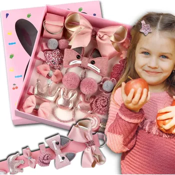Ozdoba do vlasů Sada 18 Růžových Klipů pro Holčičky s Vzory, Velikost 1-6 cm, Baleno v Elegantní Kartonové Krabici