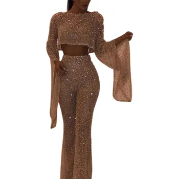 Dámský overall Dámský overal třpytivý s volánky na rukávech Výstřih do O Dlouhý rukáv Dlouhé kalhoty Elegantní střih Polyester béžova M