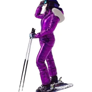 Dámský overall Dámský overal jednobarevný lesklý Zimní na lyže Kapuce s kožichem Dlouhé kalhoty Teplý střih Polyester fialová XXL
