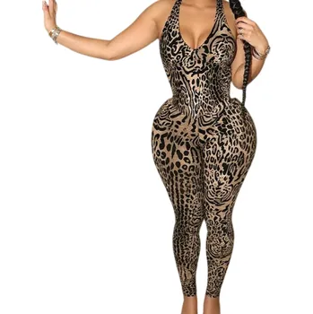 Dámský overall Dámský overal s leopardím vzorem Výstřih do V Dlouhé kalhoty Elegantní top Elastický střih Pohodlný materiál Polyester Spandex S