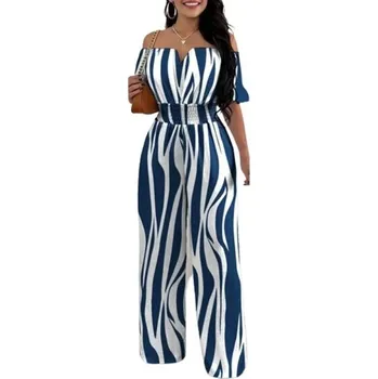Dámský overall Dámský overal modrý s pruhy Výstřih do V Krátký rukáv Dlouhé kalhoty Lehký letní střih Pohodlný polyesterový materiál L