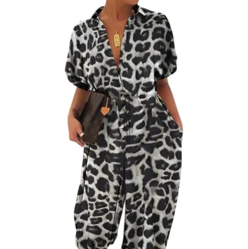 Dámský overall Dámský overal s leopardím vzorem s límečkem Výstřih do V Krátký rukáv Dlouhé kalhoty Zapínání na knoflíky Zavazování v pase Polyester šedá XXL