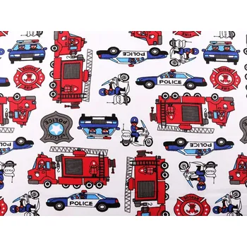 METRÁŽ Bavlněná látka hasiči, policie - (109) bílá