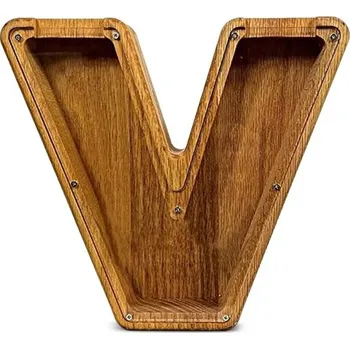 Trezor Dřevěná pokladnička písmeno V 18 cm výška 2,8 cm šířka Průhledná plastová část Dekorativní spořicí pokladna