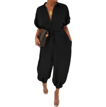Dámský overall Dámský overal jednobarevný s límečkem Výstřih do V Krátký rukáv Dlouhé kalhoty Zapínání na knoflíky Zavazování v pase Polyester černá XXL