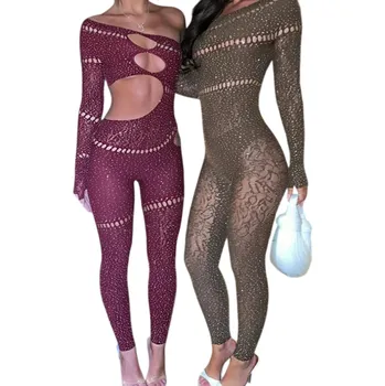 Dámský overall Dámský overal univerzální velikost Poloprůhledný model s kamínky Výstřih do O Dlouhý rukáv a dlouhé kalhoty Polyester Spandex hnědá