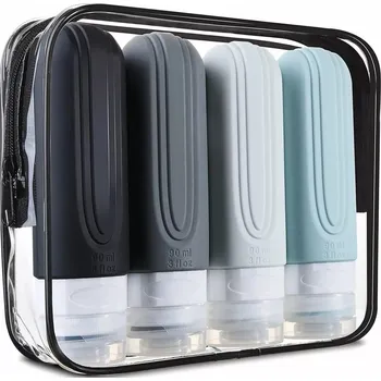 Silikonové cestovní lahvičky do letadla 90 ml – sada 4 ks s kosmetickou taštičkou