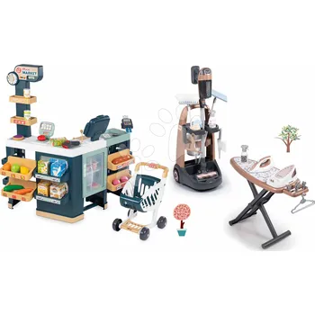 Dětská kuchyňka Set úklidový vozík a supermarket Rowenta Trolley Upright Hoover Smoby a tyčový vysavač se žehlicím prknem