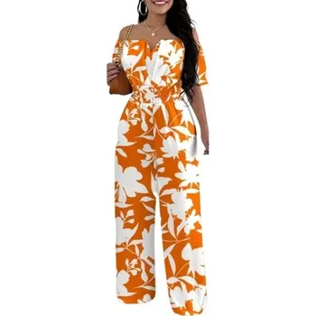 Dámský overall Dámský overal oranžový s květinovým vzorem Výstřih do V Krátký rukáv Dlouhé kalhoty Lehký letní střih Pohodlný materiál Polyester S