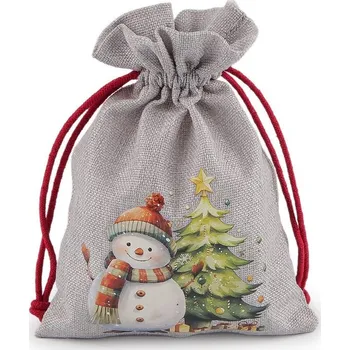 Vánoční dekorace Vánoční dárkový pytlík sněhulák 13x18 cm imitace juty - 2 šedá světlá