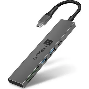 Příslušenství pro datový nosič CONNECT IT CompactPRO USB-C hub + čtečka karet, (2xUSB-A 3.0, 1xUSB-C), externí, ANTRACITOVÝ