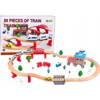 Vláček a vláčkodráha DŘEVĚNÁ VLÁČKODRÁHA VLAKOVÁ SOUPRAVA S BUDOVAMI A AUTY 88 DÍLŮ