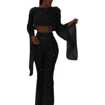 Dámský overall Dámský overal třpytivý s volánky na rukávech Výstřih do O Dlouhý rukáv Dlouhé kalhoty Elegantní střih Polyester černá XL