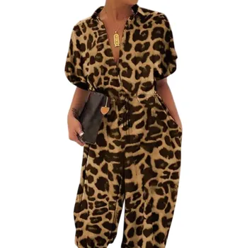Dámský overall Dámský overal s leopardím vzorem s límečkem Výstřih do V Krátký rukáv Dlouhé kalhoty Zapínání na knoflíky Zavazování v pase Polyester hnědá XS