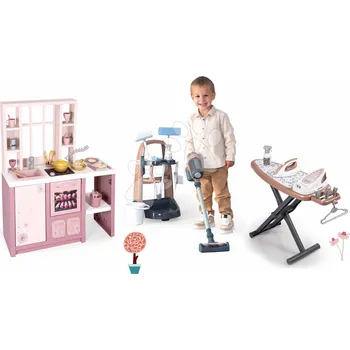 Dětská kuchyňka Set úklidový vozík a elektronická kuchyňka Rowenta Trolley Upright Hoover Smoby s tyčovým vysavačem se zvukem a žehlící prkno