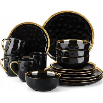 Talíř Elegantní jídelní servis pro 8 osob / 32 dílů kamenina černá zlatá jídelní souprava