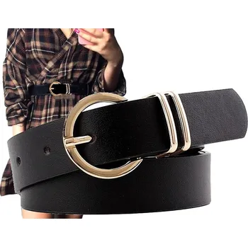 Opasek Dámský Černý Pásek s Krokodýlím Vzorem, Zlatá Kruhová Spona, ekologická umělá kůže, 103 cm