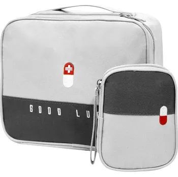 Lékárnička Cestovní Organizér pro Léky - Sada 2 ks, Šedá/Černá, Tkanina, Velký 25x20x13.5 cm &amp; Malý 14x11x2 cm