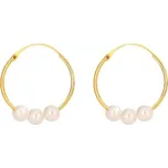 Náušnice ze žlutého zlata 585 - úzké kruhy s lesklým povrchem, tři bílé perličky
