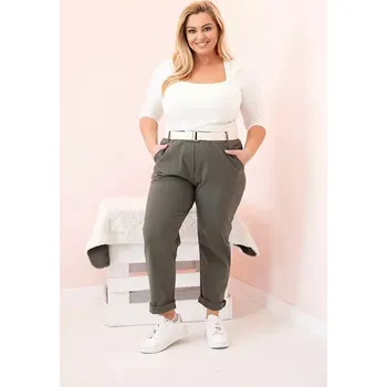 Dámské kalhoty Dámské bavlněné kalhoty Plus Size s páskem khaki 5XL