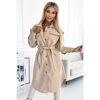 Dámský kabát 493-1 Teplý kabát s kapsami, knoflíky a vázáním v pase - BEACH UNI
