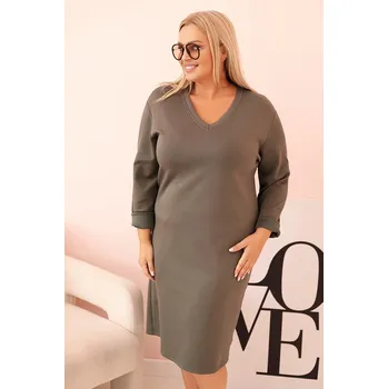 Dámské šaty Dámská sukni Plus Size máslová s výstřihem do V a rukávem khaki UNI