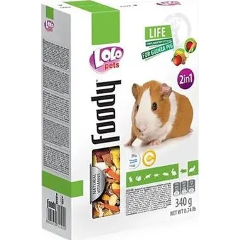 Krmivo pro hlodavce LOLO Foody 2v1 zelen.a ovocné krmivo pro morčata 340g krabička