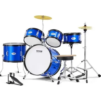 Bicí souprava Dětská bicí sada , 5dílná, 16palcová bicí sada pro začátečníky s basovými tomy, malým bubnem, nastavitelným trůnem, činelem, hi-hat pedálem a dvěma páry paliček, startovací bicí sada pro děti, modrá