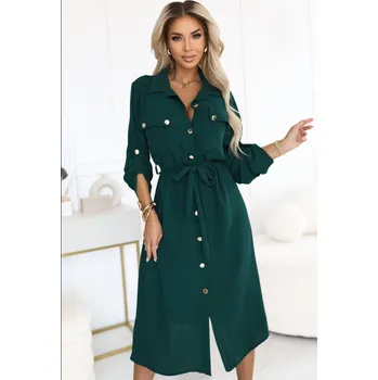 Dámské šaty 531-7 Midi košilka se zlatými knoflíky a vázáním - zelená UNI
