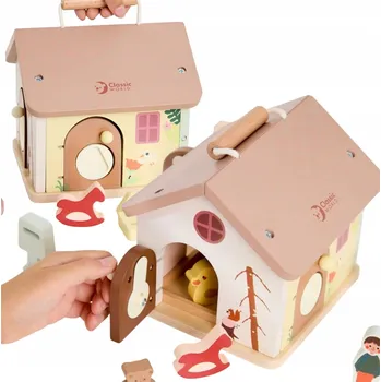 Dřevěná hračka DŘEVĚNÝ TŘÍDIČ TVARŮ DOMEČEK HRAČKA EDUKATIVNÍ PRO DĚTI KLÍČE SE ZÁMKY