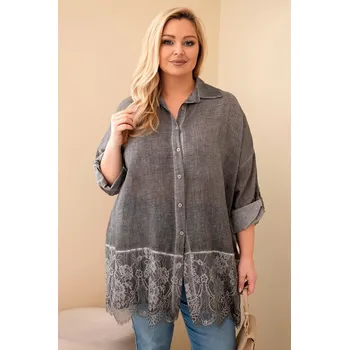 Dámská halenka Dámská košile Plus Size bavlněná s krajkovým zakončením šedá UNI
