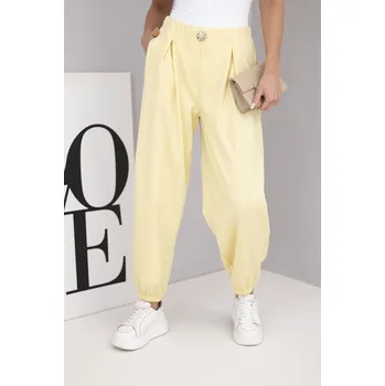 Dámské kalhoty Dámské bavlněné kalhoty s vysokým pasem a ozdobným knoflíkem žluté Barva: Žlutý, Velikost: universal