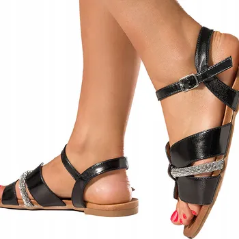 Dámské sandále DÁMSKÉ LEHKÉ SANDÁLY S OZDOBNÝMI ZIRKONY, PLOCHÝ PODPATEK, LETNÍ OBUV vel. 39