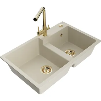 Granitový dřez MEXEN/S - Tomas granitový dřez 2-bowl včetně baterie Duero, béžová 6516-69-671600-50