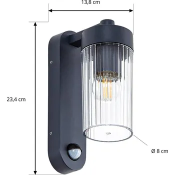 Lampička Lindby Venkovní nástěnné svítidlo Kaliro, antracit, 24 cm, IP54, senzor - Nástěnný držák – šířka 6 cm, výška 23,4 cm, hloubka 3 cm antracitová (RAL 7016) 1 x 15 W LED - Doprava zdarma