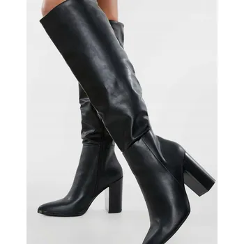 Dámské kozačky KLASICKÉ ČERNÉ VYSOKÉ KOZAČKY Z EKOKŮŽE NA PODPATKU SLOUPEK BOOHOO 38