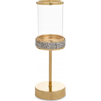 Svícen Dekorativní svícen skleněný kovový Glamour zlatý na nožce lampion