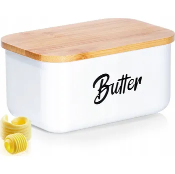 Máslenka Vilde Ocelová máslenka bílá s bambusovým víkem na máslo 15 x 10 x 7,5 cm