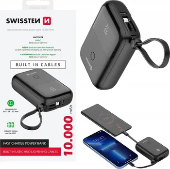 Powerbanka SWISSTEN Powerbanka 10 000 mAh 22,5 W s vestavěným kabelem USB-C + Lightning
