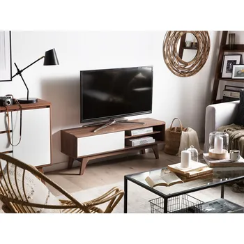 Televizní stolek Televizní stojan Tmavé dřevo Bílá Skladovací police Vedení kabelů Moderní Beliani
